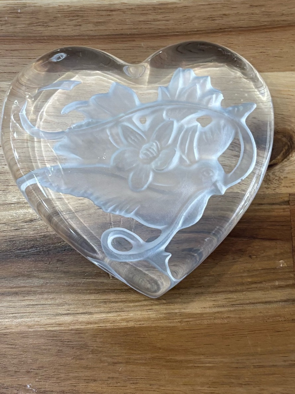 Heart-Shaped Glass Paperweight with Etched Floral Motif